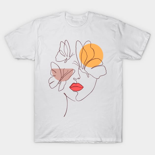 Woman face with butterflies T-Shirt by WarmJuly